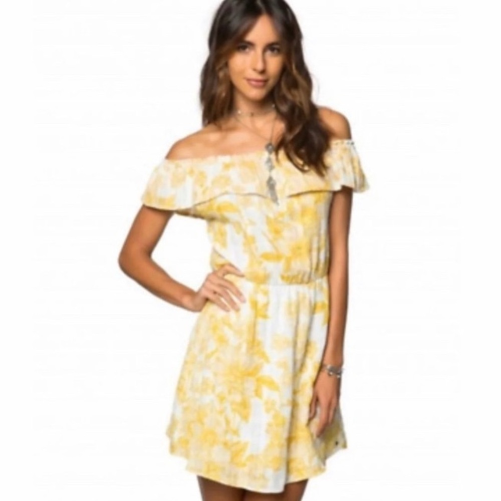 O’Neill yellow white off shoulder dress Large